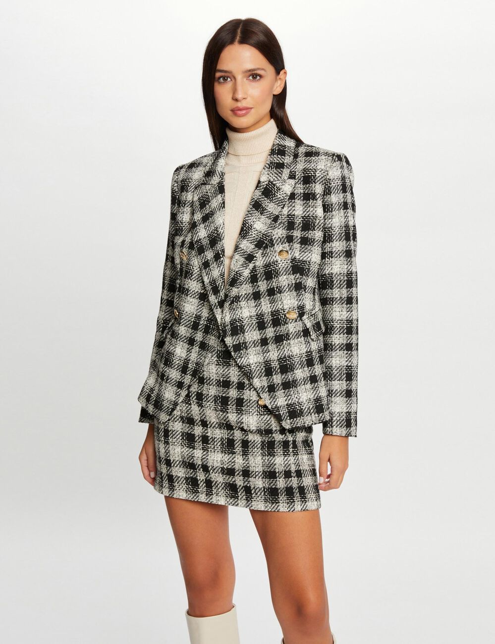 Veste cintrée boutonnée à carreaux noir femme