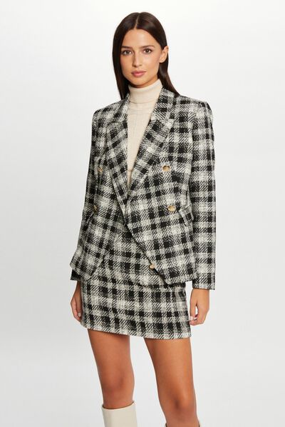 Veste cintrée boutonnée à carreaux noir femme
