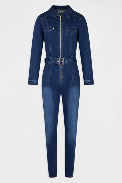 Combinaison ajustée ceinturée en jean indigo femme