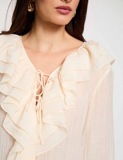 Chemise col v pliss&eacute;e ivoire femme