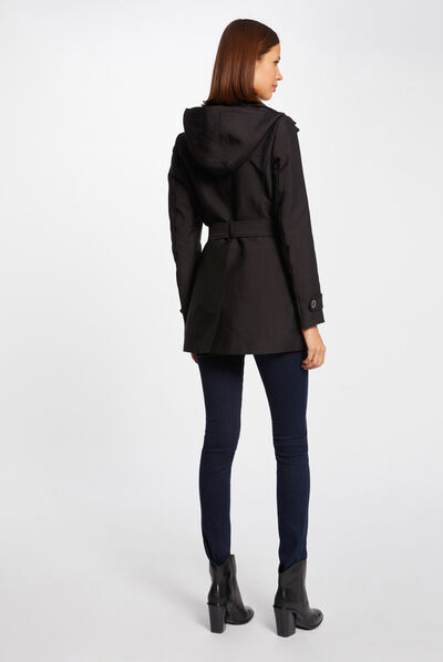 Trench droit ceinturé à capuche noir femme