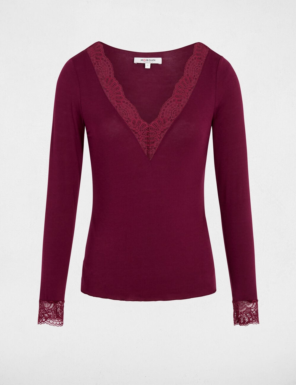 T-shirt col v dentelle prune femme