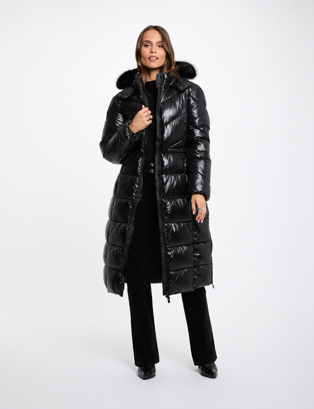 Doudoune longue fausse fourrure noir femme