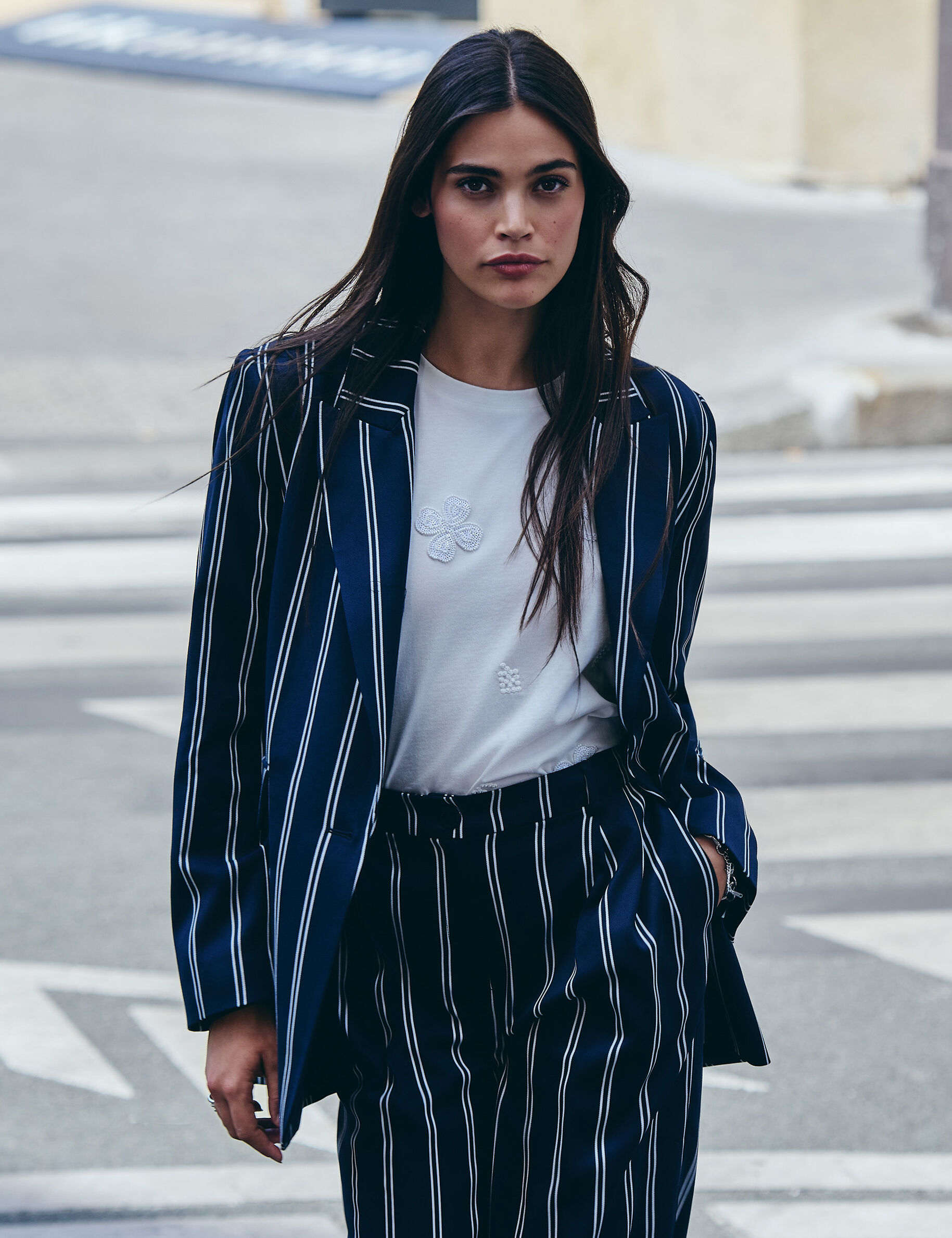 Blazer rayé col tailleur bleu marine femme Blazer rayé col tailleur bleu marine femme