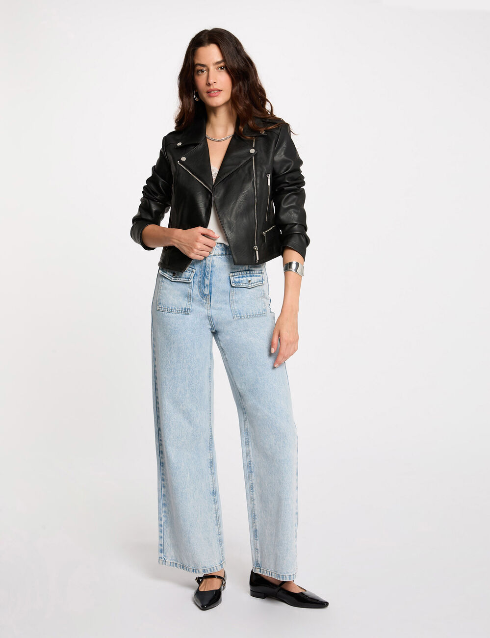 Blouson droit avec col crant&eacute; &agrave; revers noir femme
