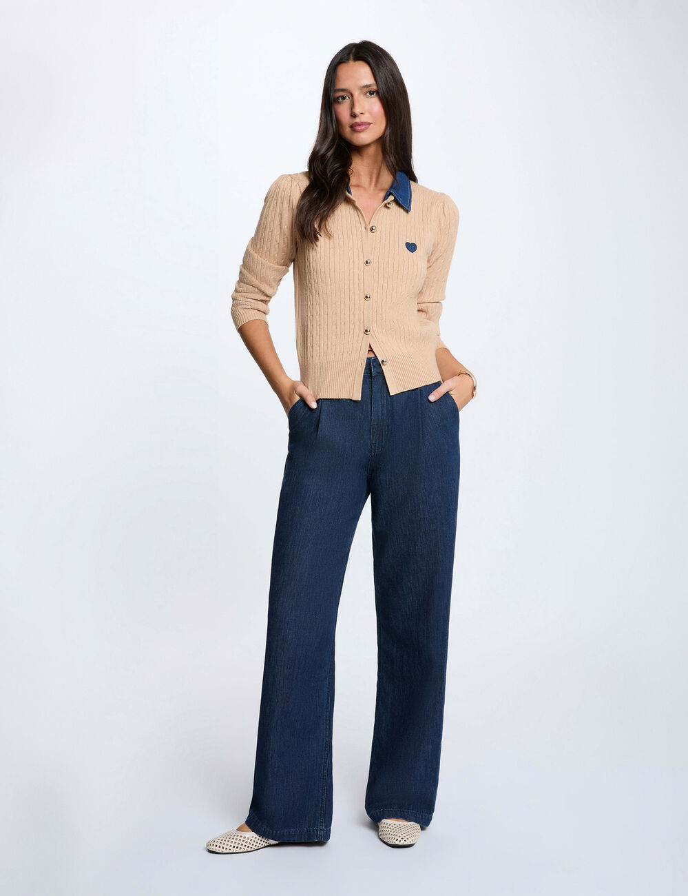 Pull col revers boutons camel femme