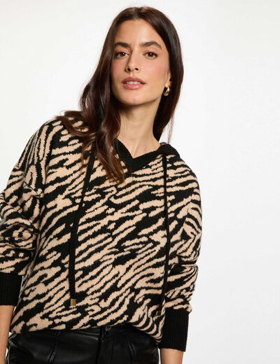 Pull court &agrave; capuche noir femme