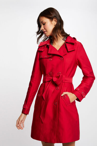 Trench droit ceinturé à capuche rouge femme