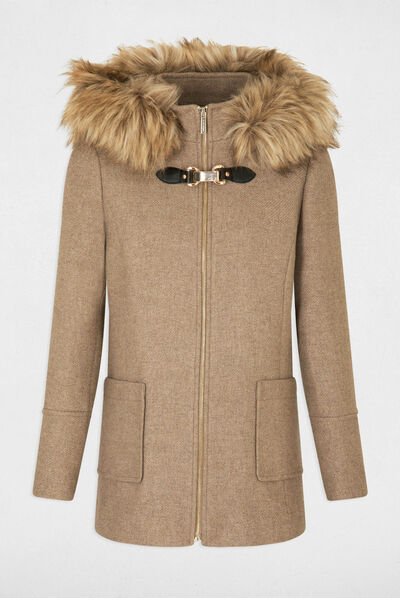 Manteau droit capuche imitation fourrure beige femme