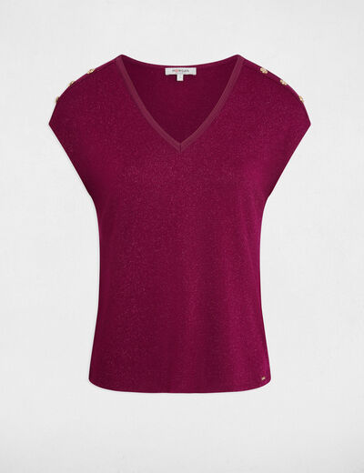 T-shirt col v boutons prune femme