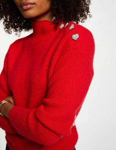 Pull manches longues avec boutons rouge femme