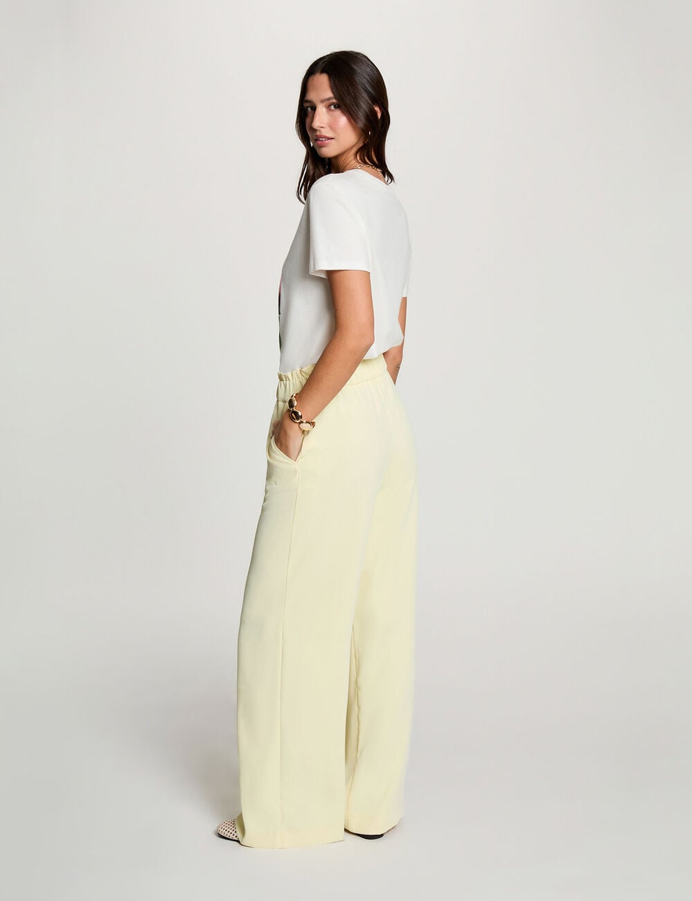 Pantalon large taille haute jaune pastel femme