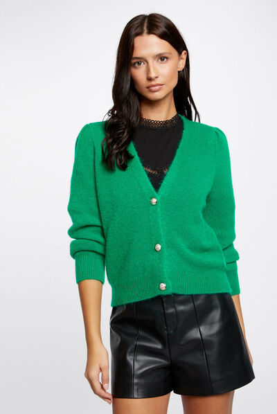 Gilet manches longues col en V vert moyen femme