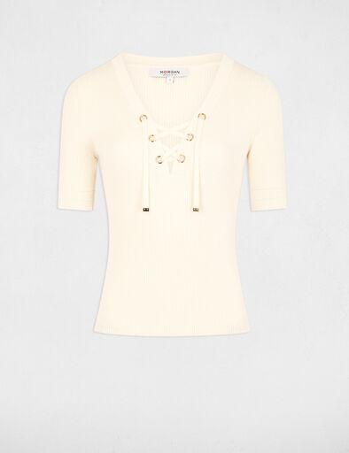 pull col en v a lacage ivoire femme Pull col en V à laçage ivoire femme