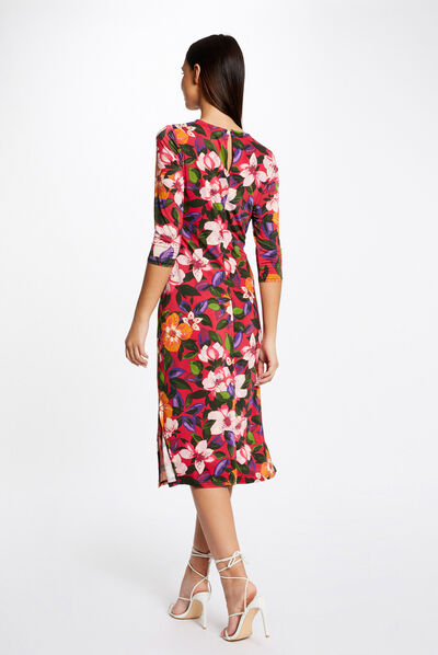 Robe midi ajustée froncée imprimé floral multico femme