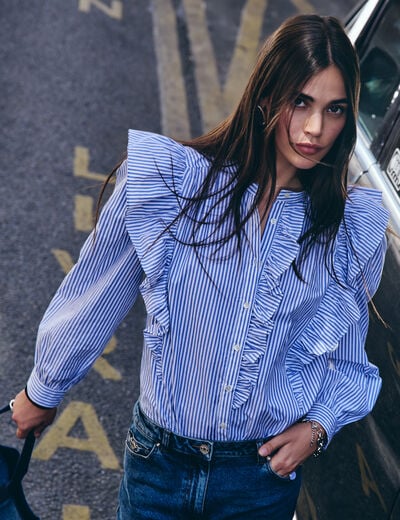 Chemise ray&eacute;e col mao bleu ciel femme