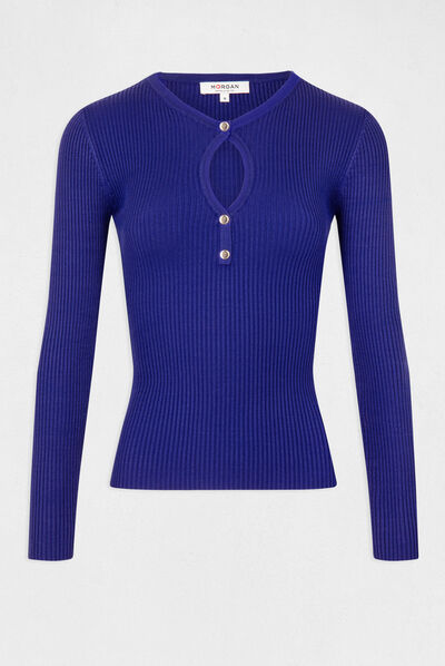 Pull manches longues à ouverture bleu moyen femme