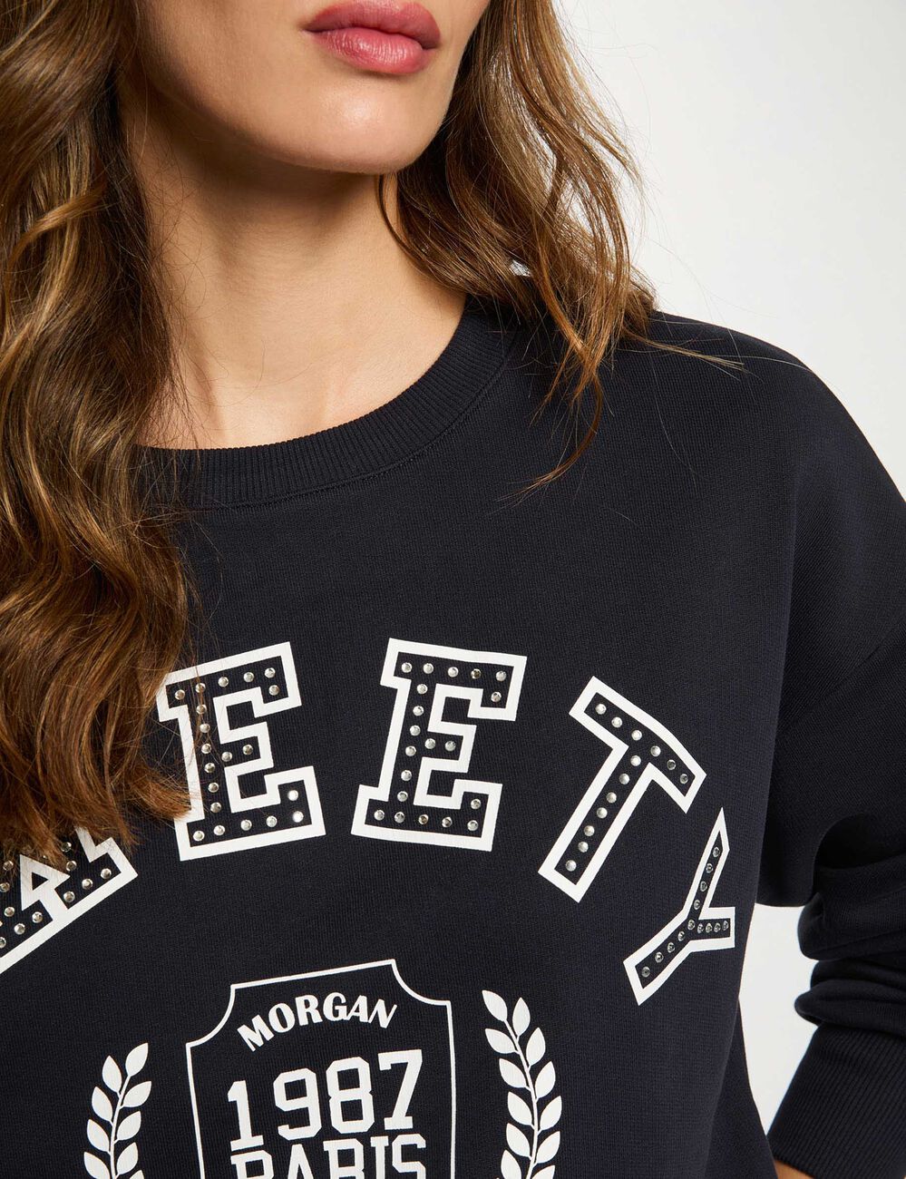 Sweat col rond imprim&eacute; bleu marine femme