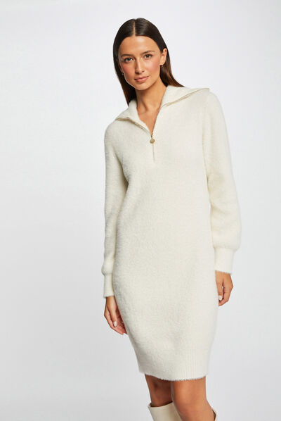 Robe pull droite avec col camionneur ivoire femme