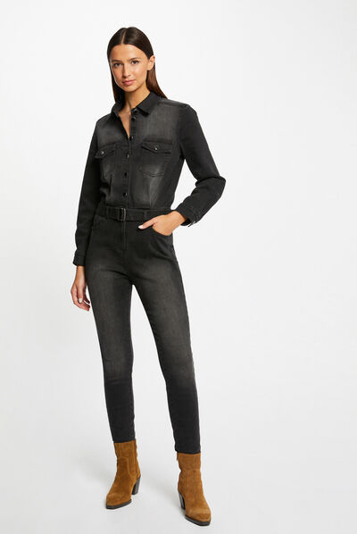 Combinaison ajustée ceinturée en jean gris anthracite femme
