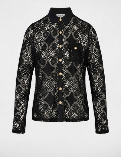 Chemise dentelle col &agrave; revers noir femme