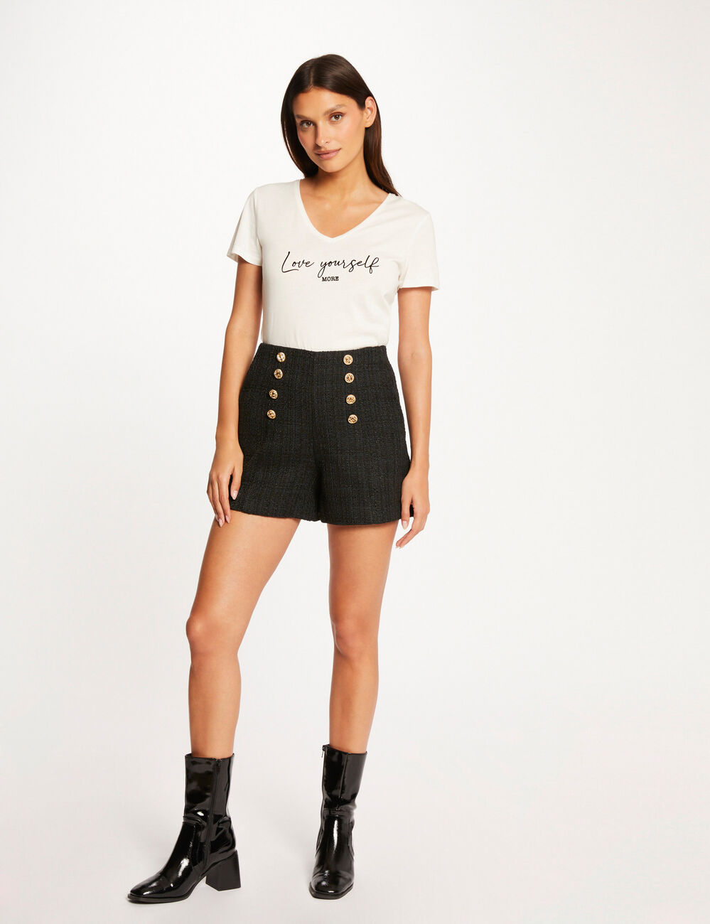 Short droit taille haute à pont marine femme