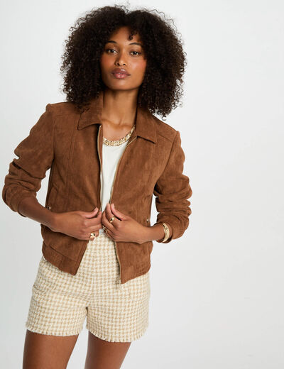 Blouson su&eacute;dine marron cognac femme