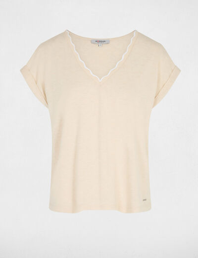 T-shirt col v manches courtes beige femme
