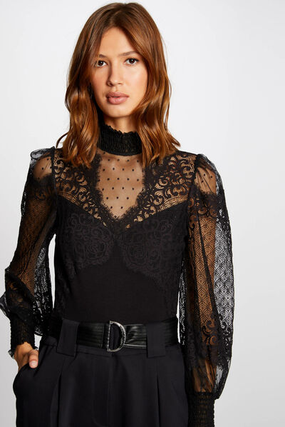 Body manches longues à dentelle noir femme
