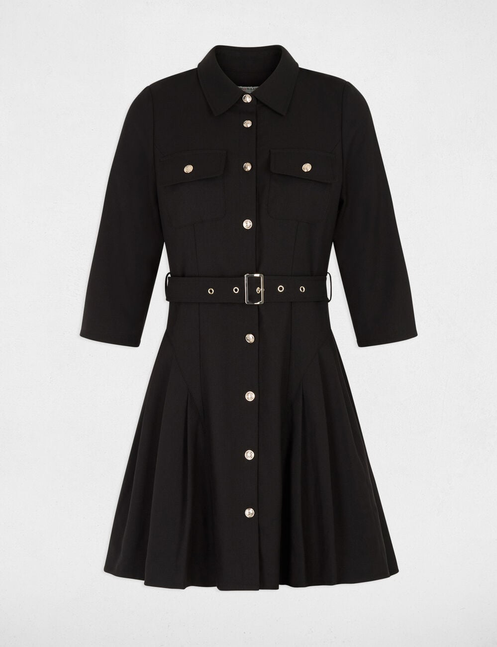 Robe ceintur&eacute;e col &agrave; revers noir femme