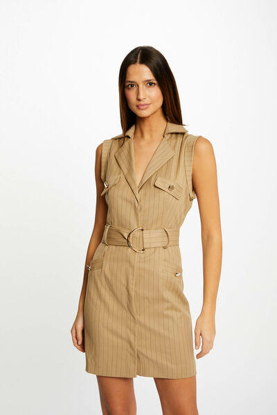 Robe droite ceinturée à rayures sable femme