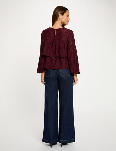 T-shirt dentelle volants bordeaux femme