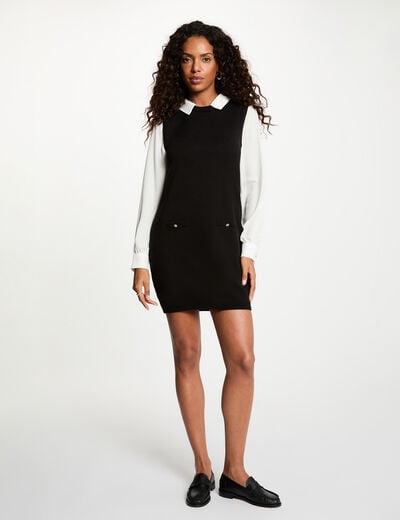 Robe tricot col &agrave; revers noir femme