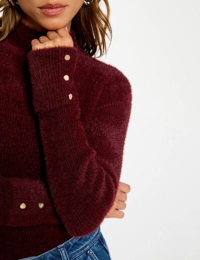 Pull manches longues maille duveteuse prune femme