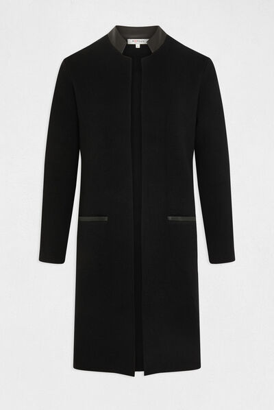 Gilet long droit détails simili cuir noir femme