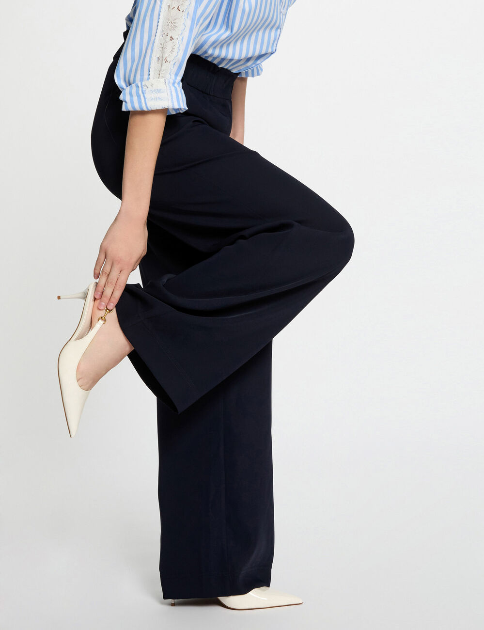 Pantalon large taille haute bleu marine femme