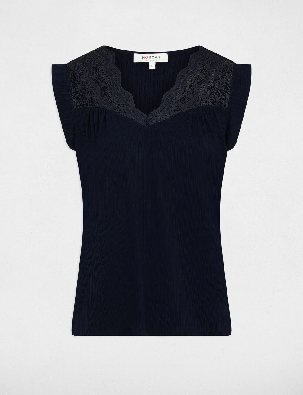 Top pliss&eacute; avec dentelle bleu marine femme