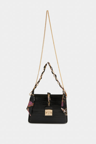 Sac pochette aspect croco avec foulard noir femme