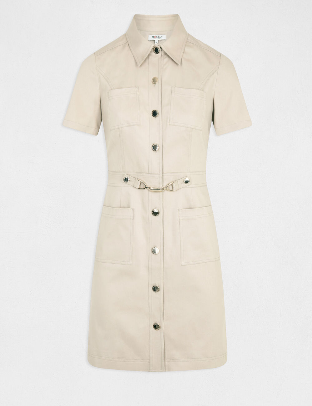 Robe trap&egrave;ze boutonn&eacute;e avec boucle beige femme
