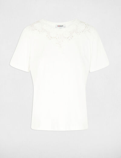 T-shirt dentelle col rond blanc femme
