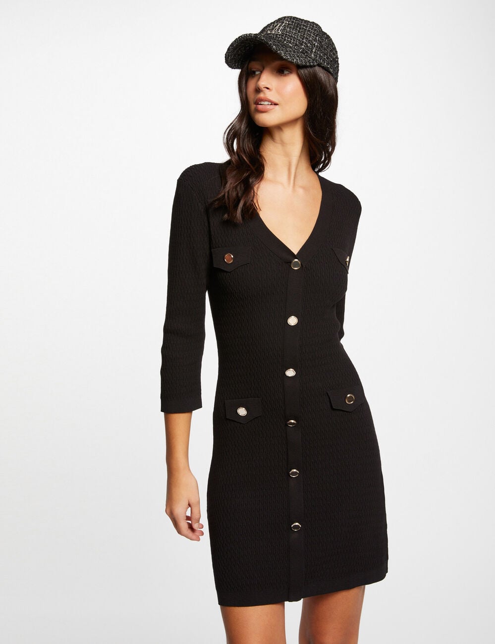 Robe pull ajust&eacute;e manches 3/4 &agrave; boutons noir femme