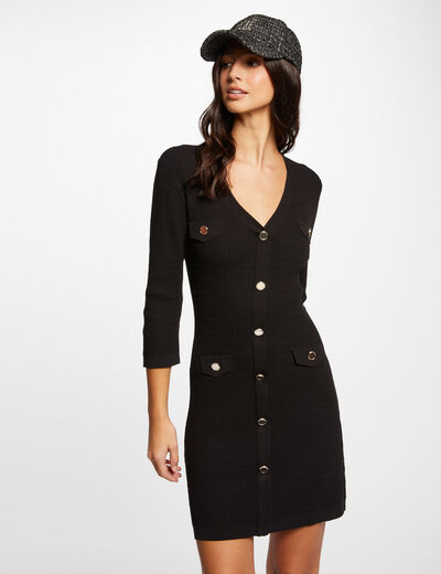 Robe pull ajustée manches 3/4 à boutons noir femme