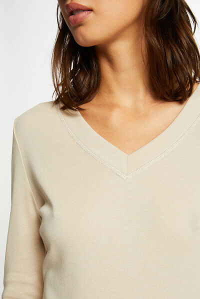 T-shirt manches longues avec col en V mastic femme