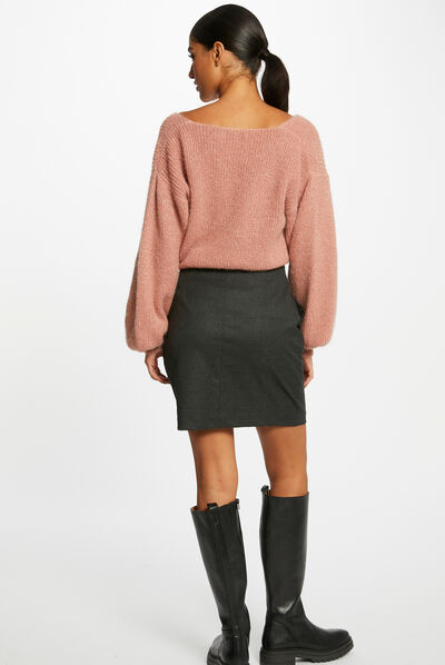 Pull manches longues à col en V rose pale femme