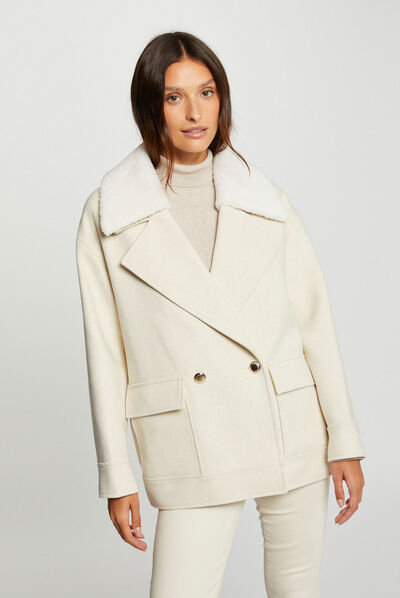 Manteau avec col fourrure amovible ivoire femme