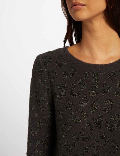 Pull col rond imprim&eacute; gris anthracite femme