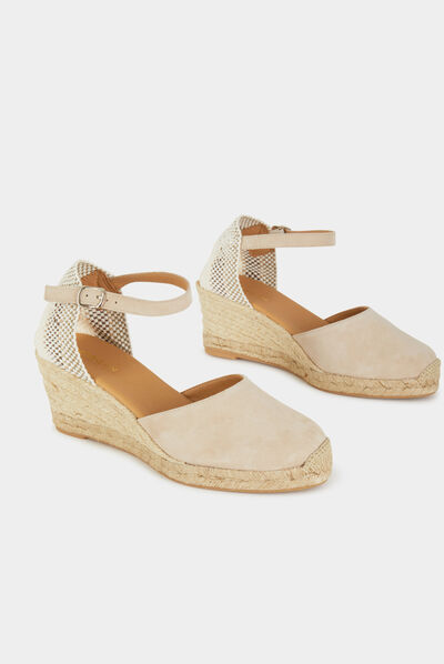 Espadrilles compensées en cuir beige femme