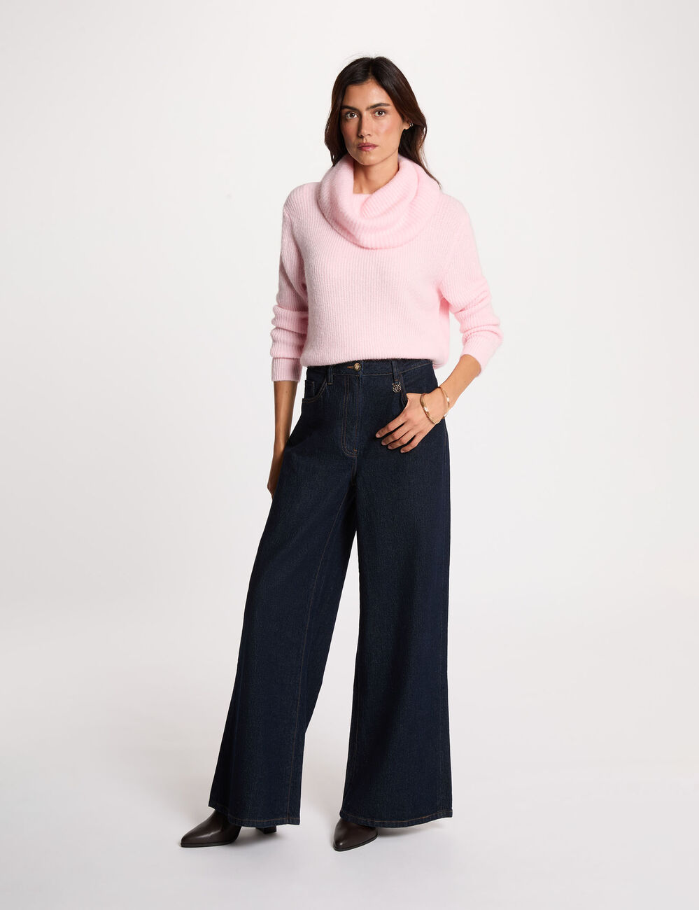Pull col boule rose pastel femme