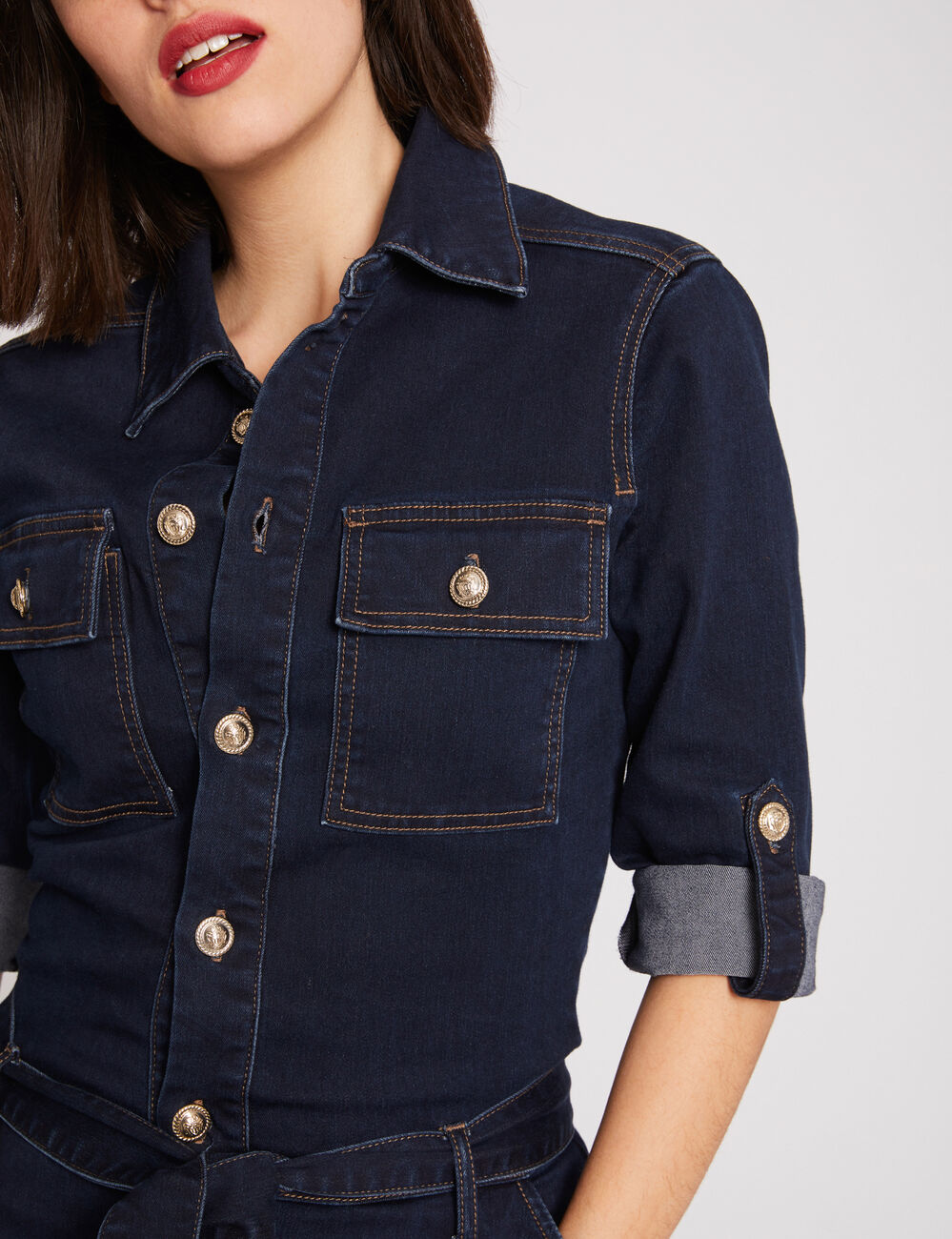 Combinaison droite ceintur&eacute;e en jean jean brut femme