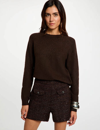 Short tweed taille haute marron fonc&eacute; femme